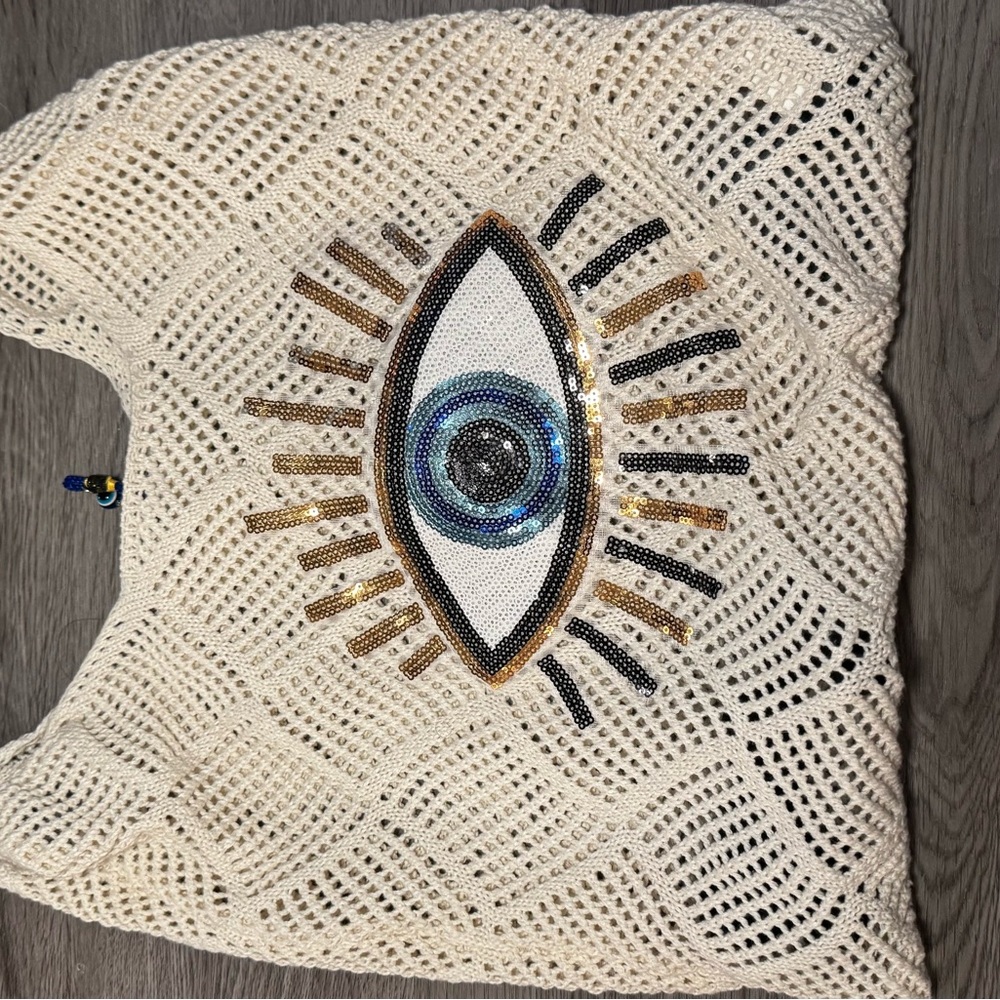 Embroidered Evil Eye Design Cream Tote Bag